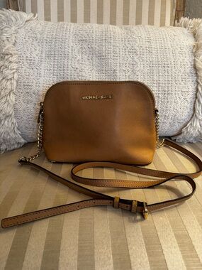 MICHAEL KORS Cognac Leather Crossbody with Gold-Tone Chain